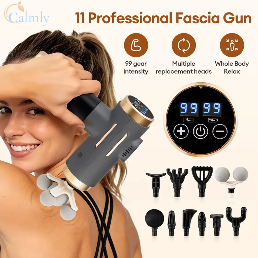 Calmly 11-in-1 deep tissue percussion massage gun with interchangeable massage heads