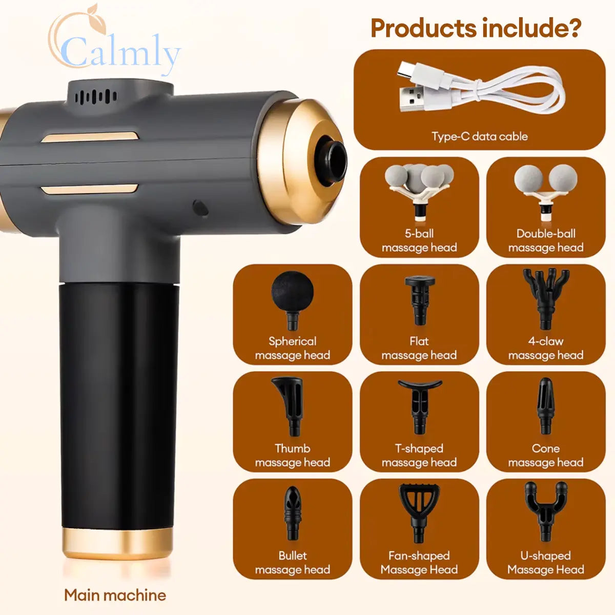 Calmly massage gun package includes 11 interchangeable massage heads and storage box